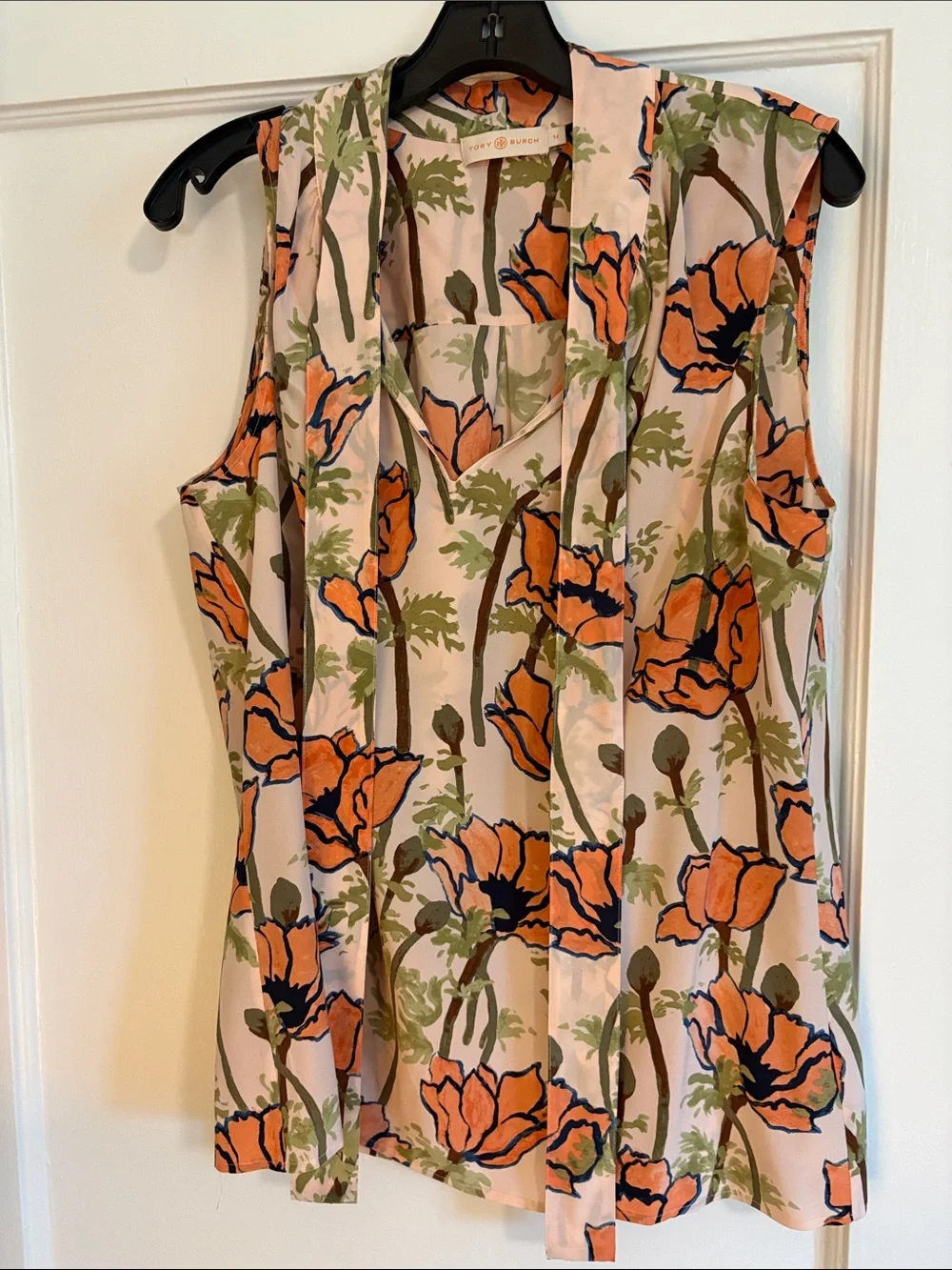 Tory Burch pink poppies Bloom print silk blouse size 14